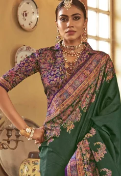 Digital Printed Art Silk Saree in Dark Green