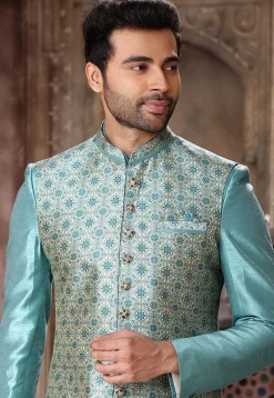 Digital Printed Art Silk Layered Sherwani in Sky Blue