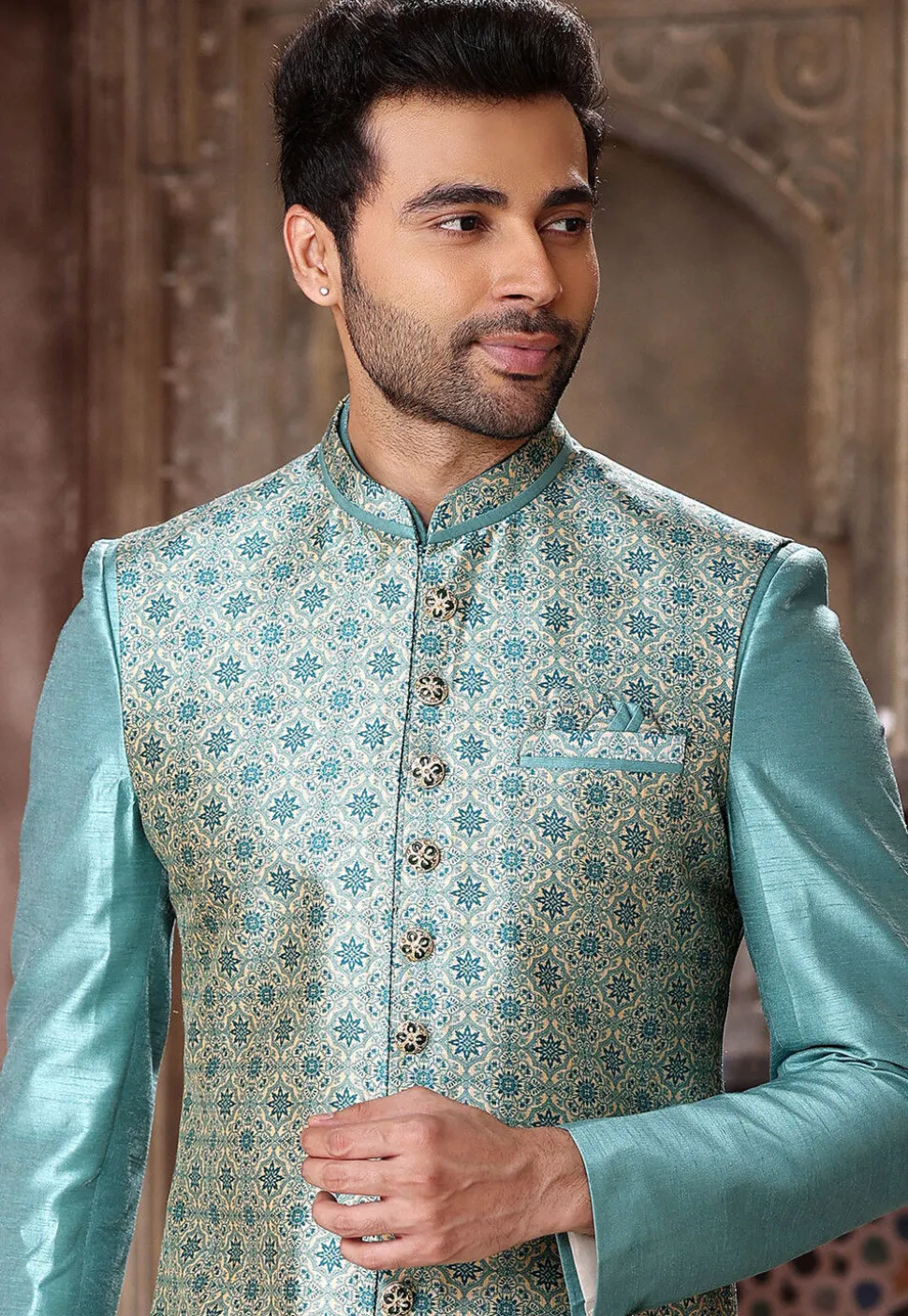 Digital Printed Art Silk Layered Sherwani in Sky Blue