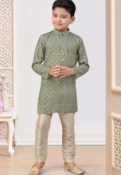 Digital Printed Art Silk Kurta Set in Olive Green