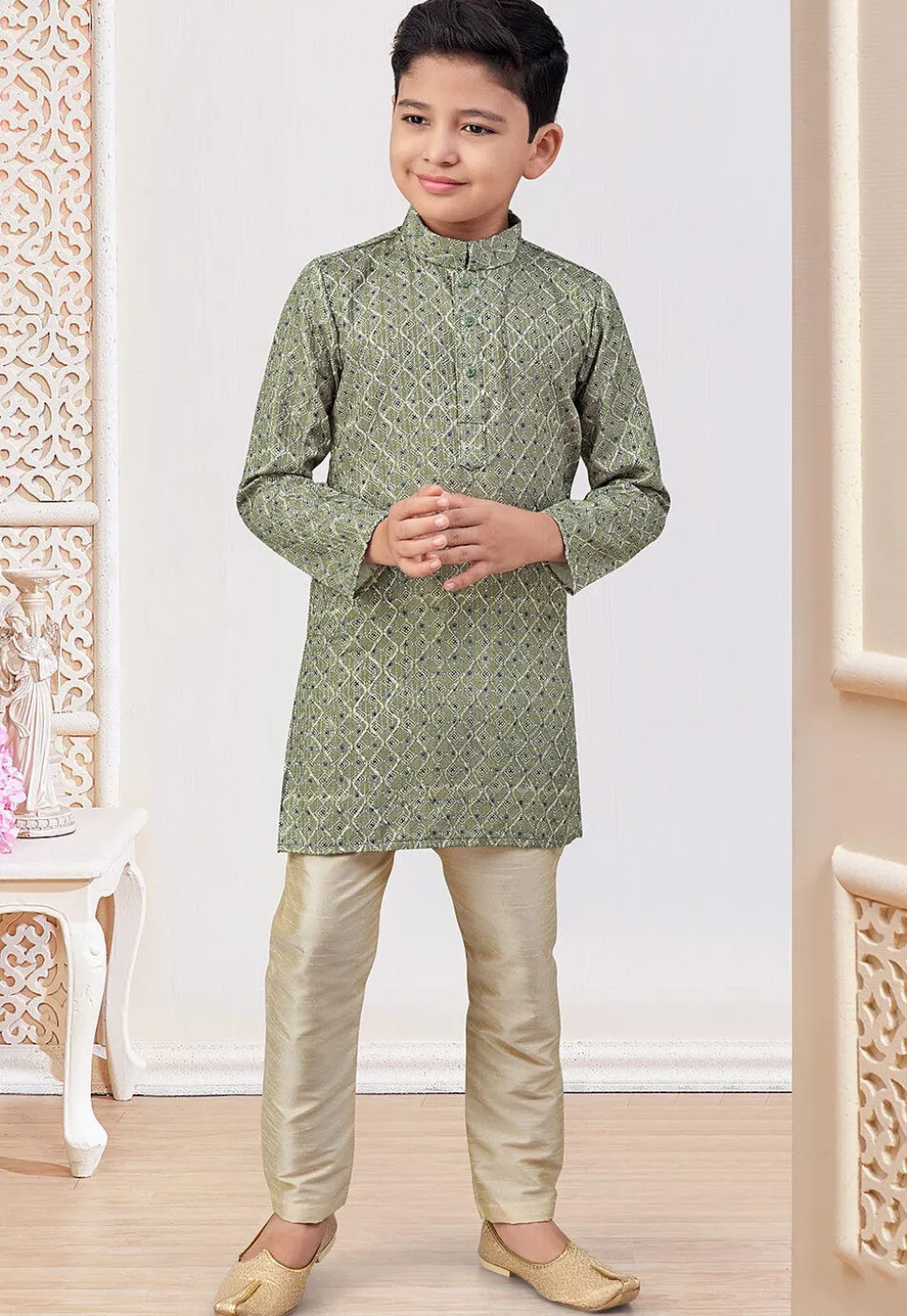 Digital Printed Art Silk Kurta Set in Olive Green
