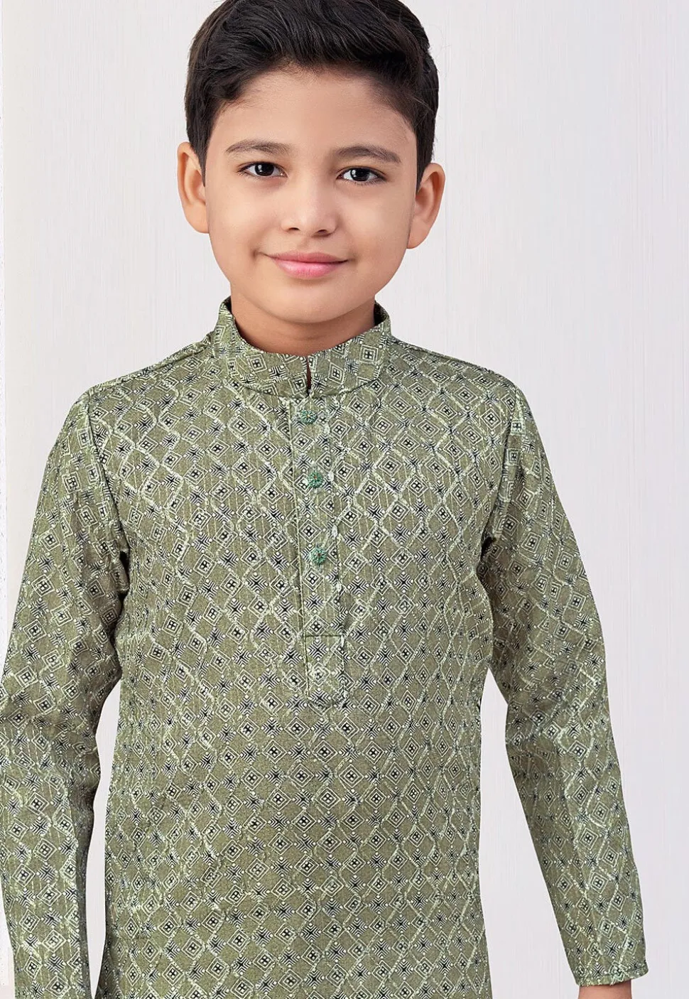 Digital Printed Art Silk Kurta Set in Olive Green