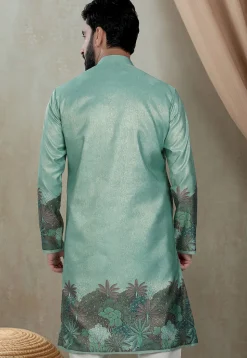 Digital Printed Art Silk Kurta in Teal Green