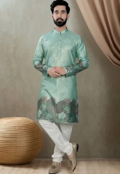 Digital Printed Art Silk Kurta in Teal Green