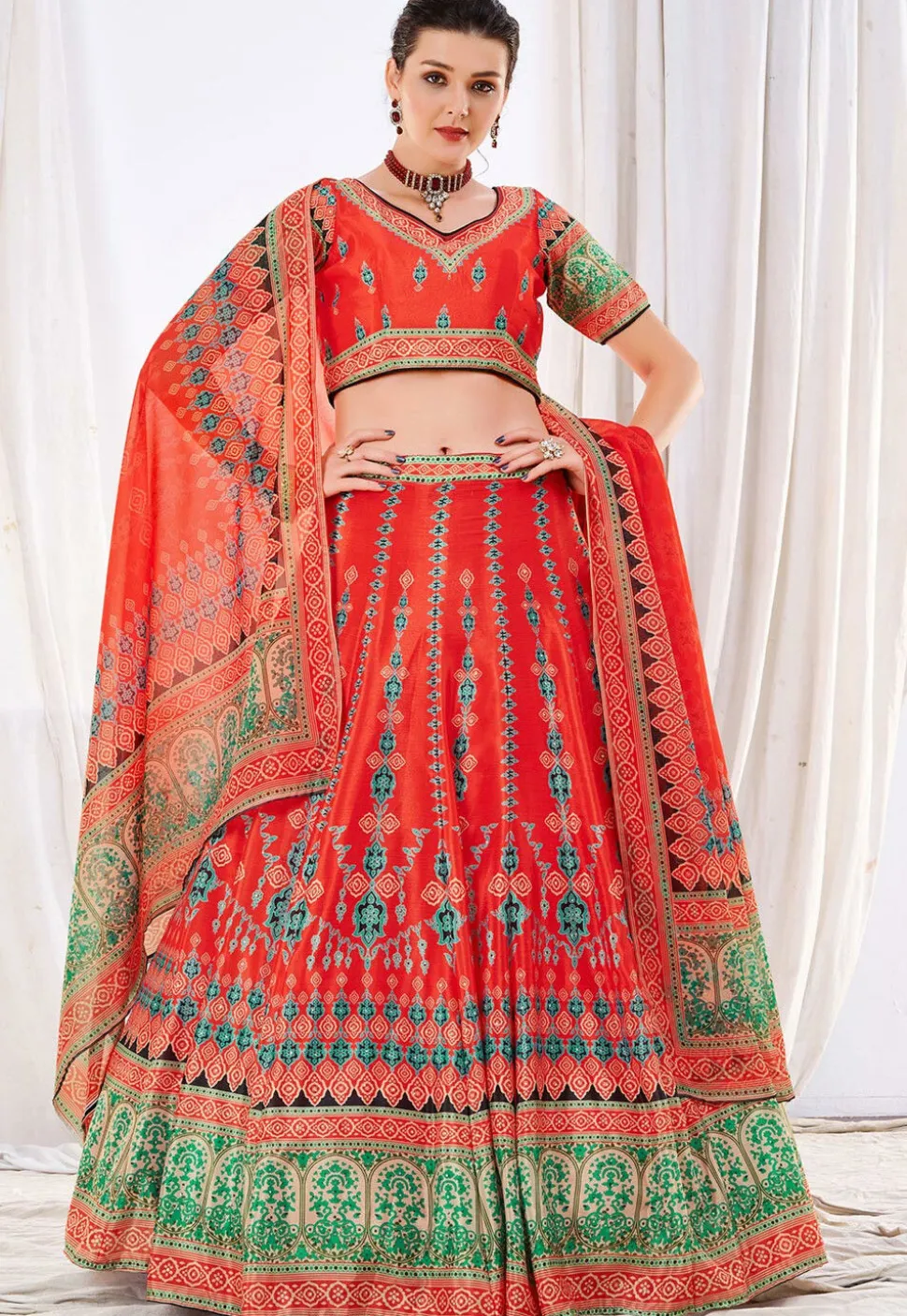 Digital Printed Art Silk Lehenga in Red