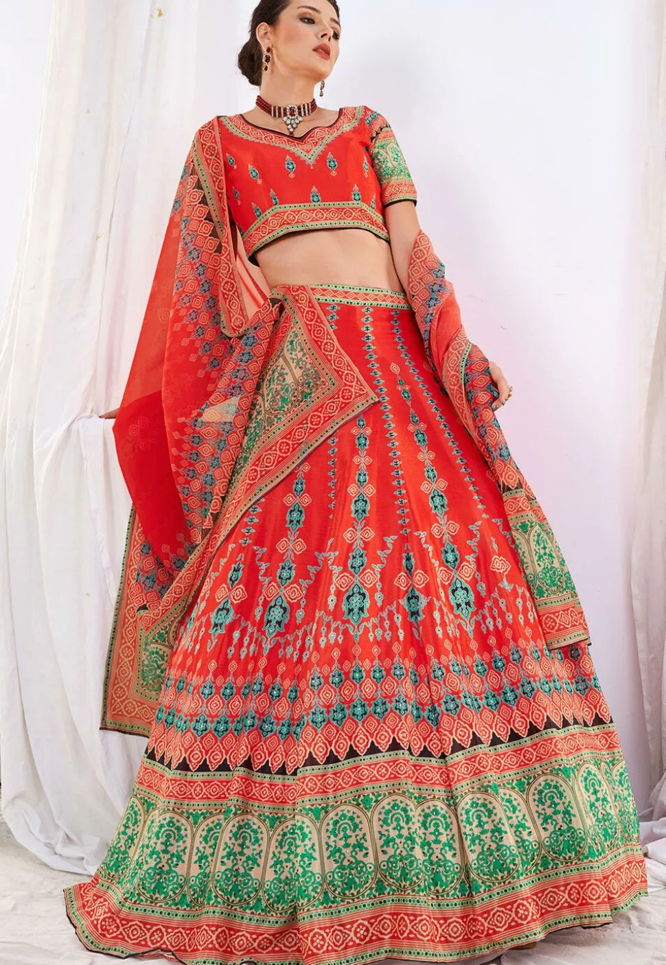 Digital Printed Art Silk Lehenga in Red