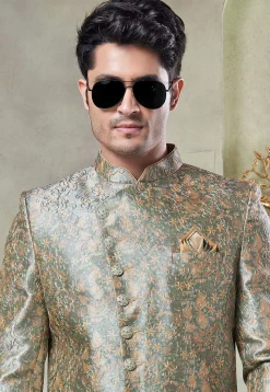 Digital Printed Art Silk Sherwani in Green