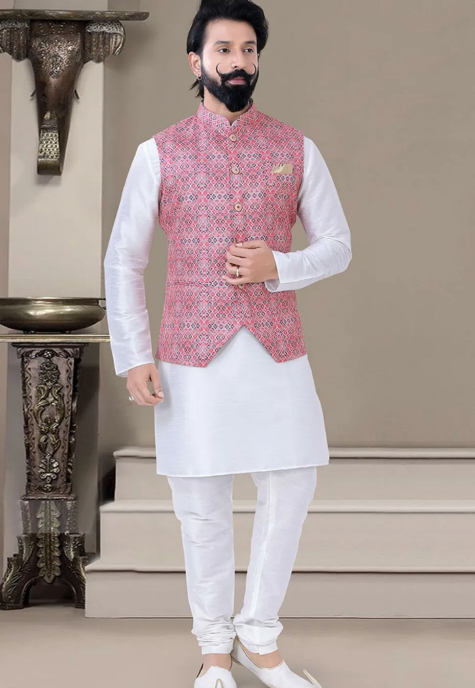 Digital Printed Art Silk Kurta Set in Off White