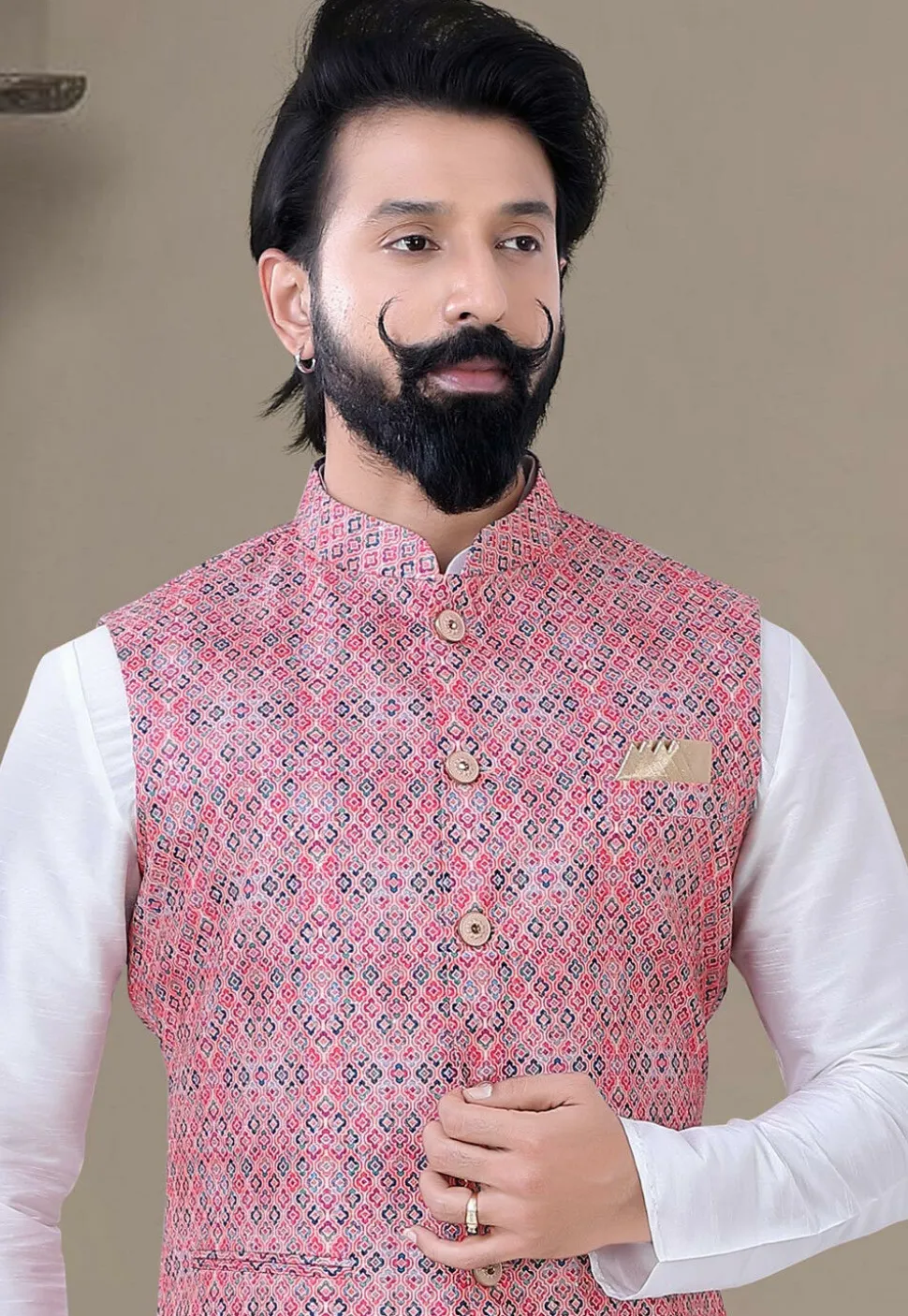 Digital Printed Art Silk Kurta Set in Off White