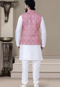 Digital Printed Art Silk Kurta Set in Off White