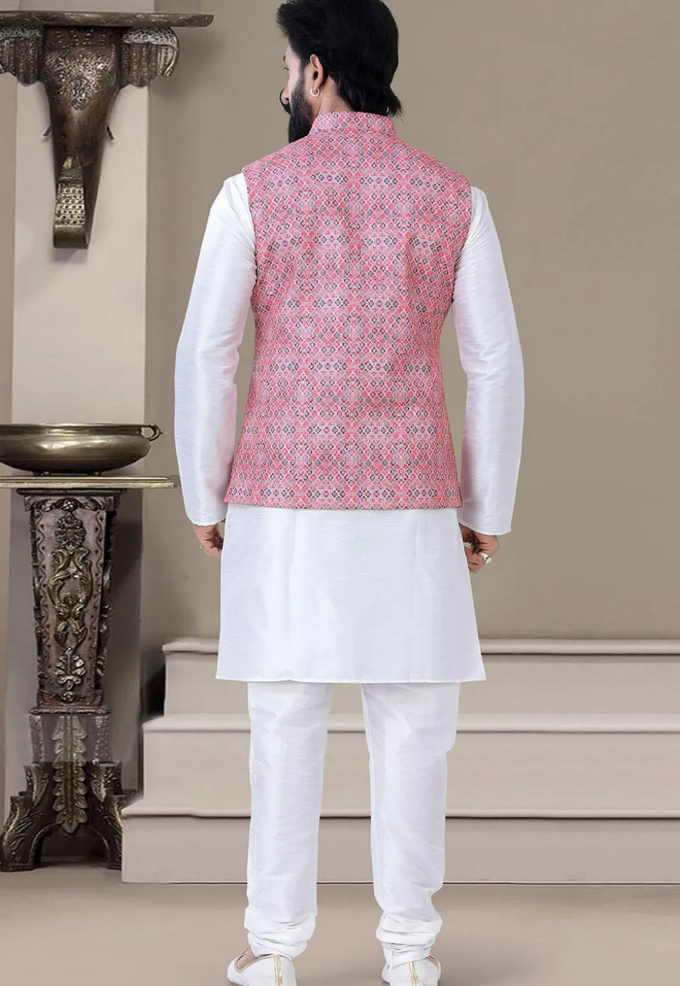 Digital Printed Art Silk Kurta Set in Off White