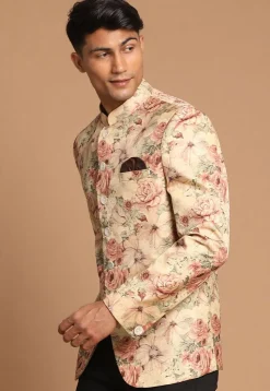 Digital Printed Art Silk Jodhpuri Jacket in Beige