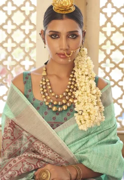 Digital Printed Art Silk Saree in Sea Green