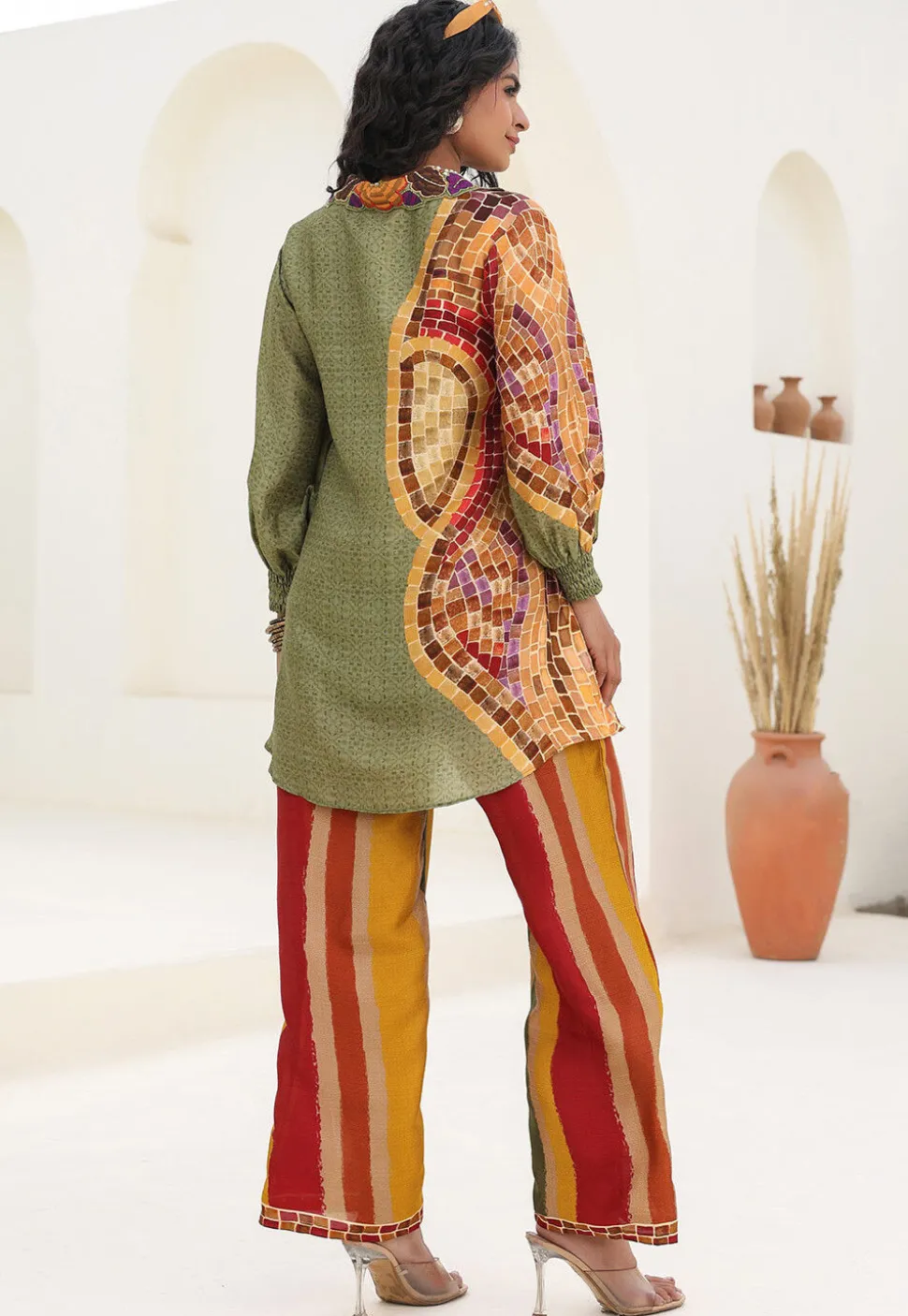Digital Printed Art Silk Tunic Set in Green