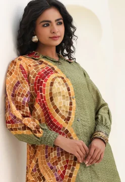Digital Printed Art Silk Tunic Set in Green