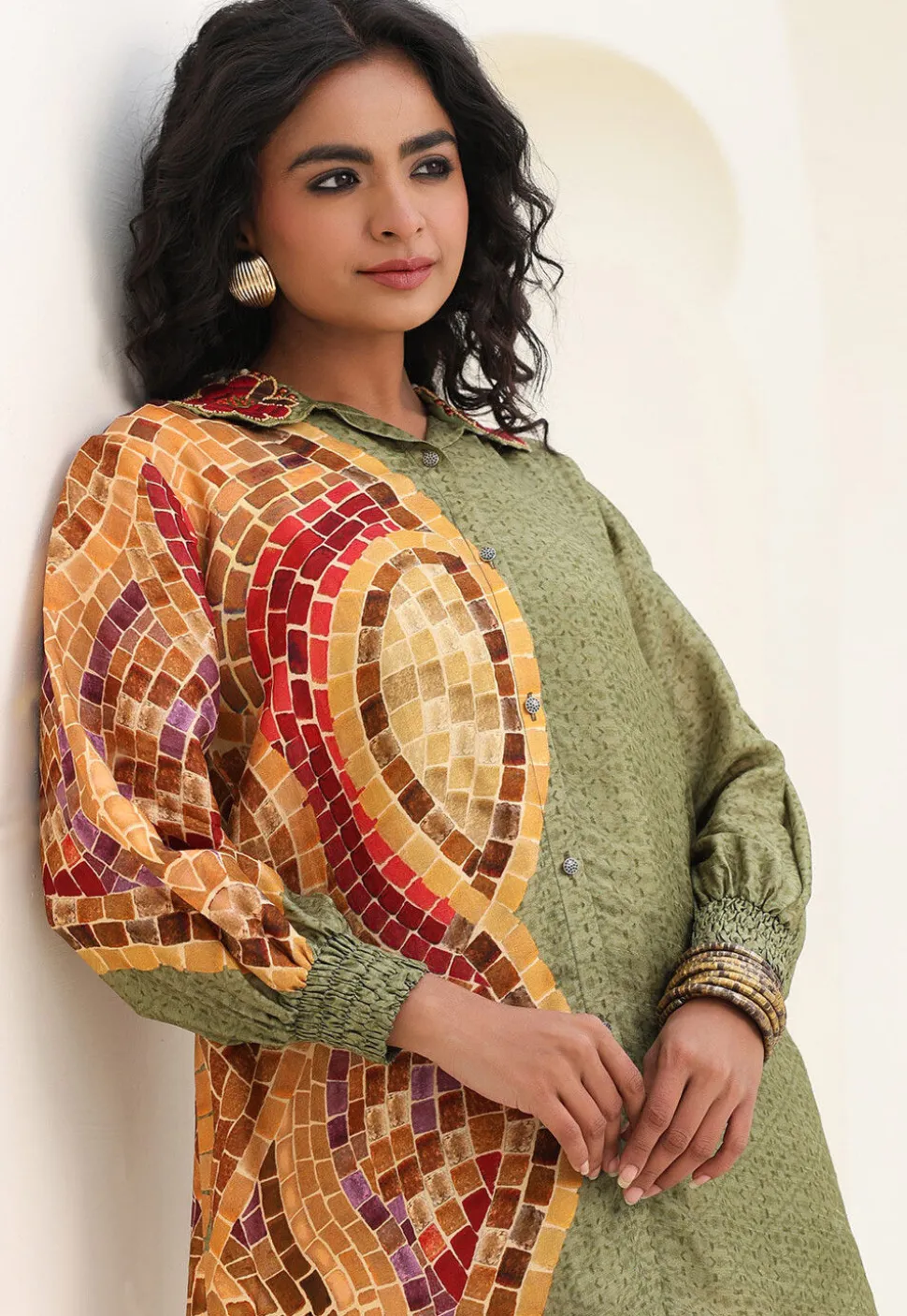 Digital Printed Art Silk Tunic Set in Green
