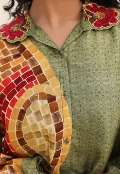 Digital Printed Art Silk Tunic Set in Green
