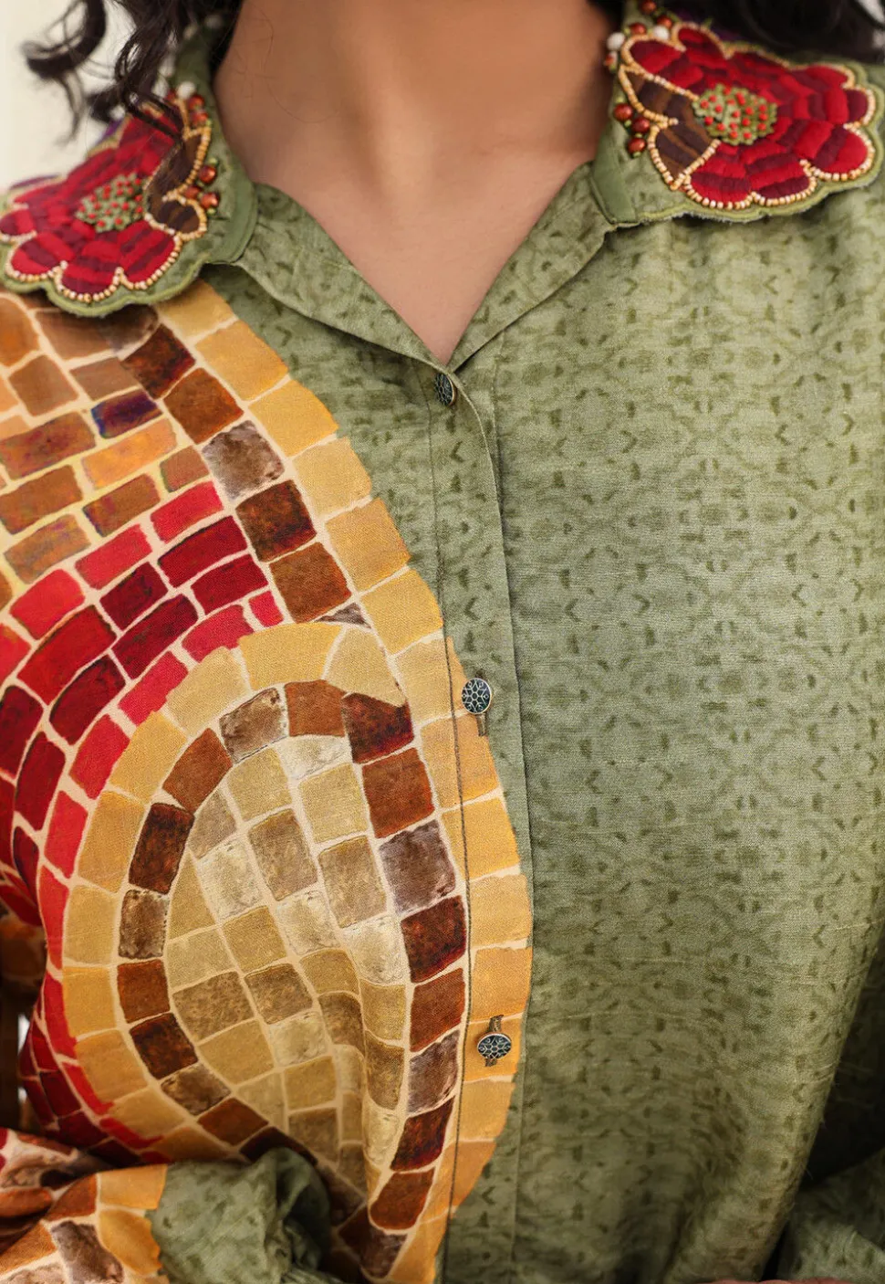 Digital Printed Art Silk Tunic Set in Green