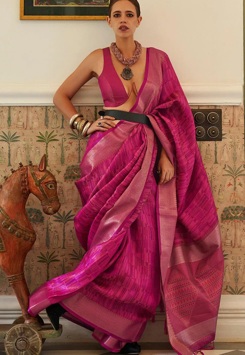 Digital Printed Art Silk Saree in Fuchsia