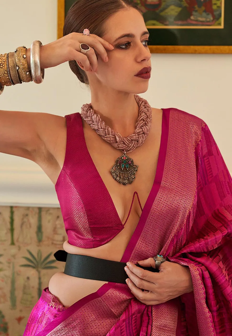 Digital Printed Art Silk Saree in Fuchsia