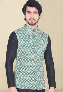 Digital Printed Art Silk Nehru Jacket in Teal Green