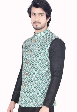 Digital Printed Art Silk Nehru Jacket in Teal Green