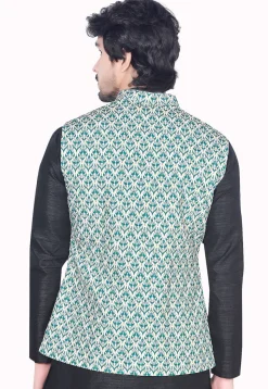 Digital Printed Art Silk Nehru Jacket in Teal Green