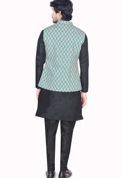 Digital Printed Art Silk Nehru Jacket in Teal Green