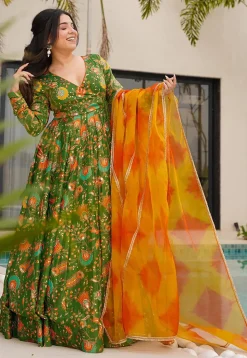 Digital Printed Art Silk Abaya Style Suit in Green