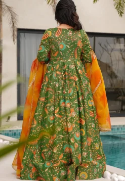 Digital Printed Art Silk Abaya Style Suit in Green