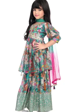 Digital Printed Art Silk Pakistani Suit in Teal Green