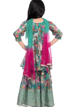 Digital Printed Art Silk Pakistani Suit in Teal Green
