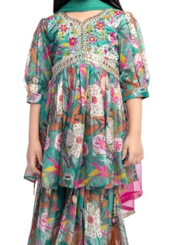 Digital Printed Art Silk Pakistani Suit in Teal Green