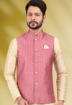 Digital Printed Art Silk Nehru Jacket in Pink