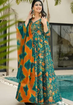 Digital Printed Art Silk Abaya Style Suit in Teal Green