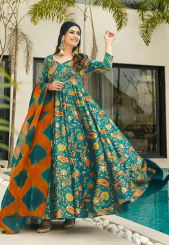 Digital Printed Art Silk Abaya Style Suit in Teal Green