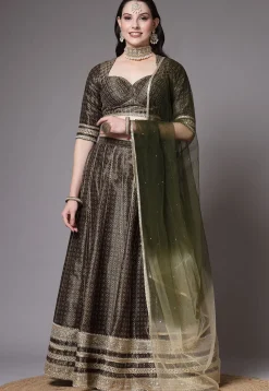 Digital Printed Art Silk Lehenga in Olive Green