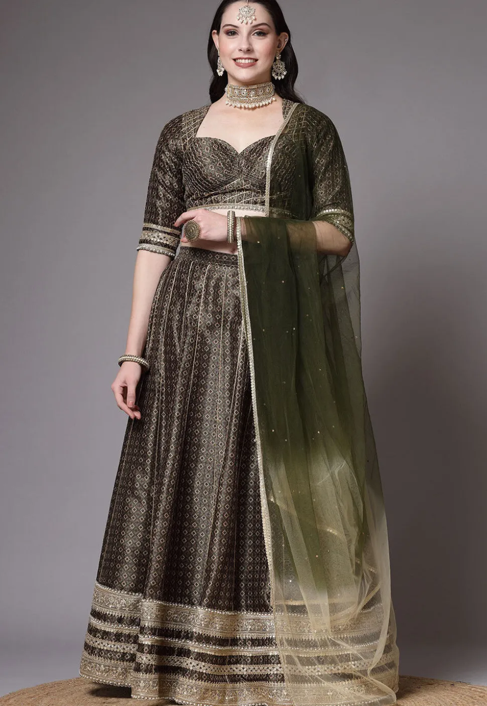 Digital Printed Art Silk Lehenga in Olive Green