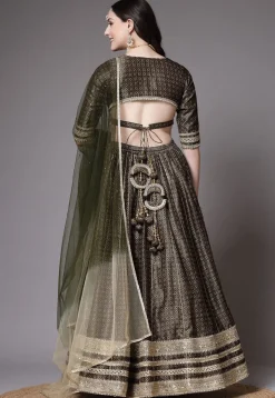 Digital Printed Art Silk Lehenga in Olive Green