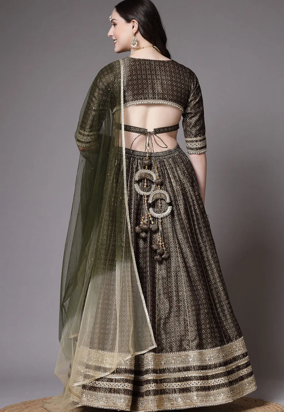 Digital Printed Art Silk Lehenga in Olive Green