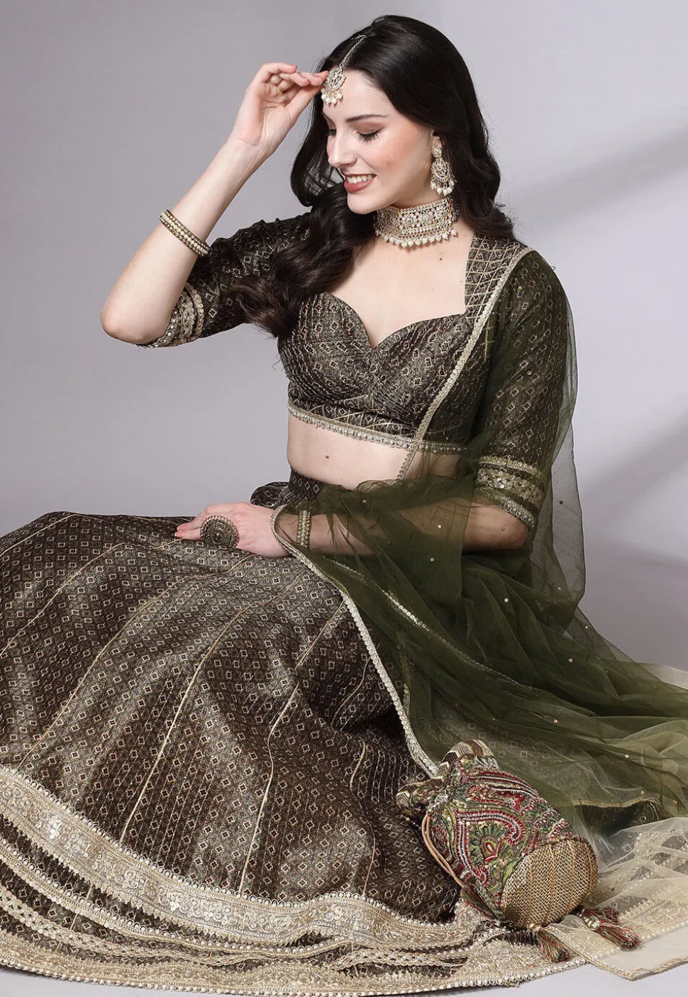 Digital Printed Art Silk Lehenga in Olive Green