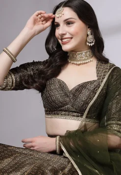 Digital Printed Art Silk Lehenga in Olive Green