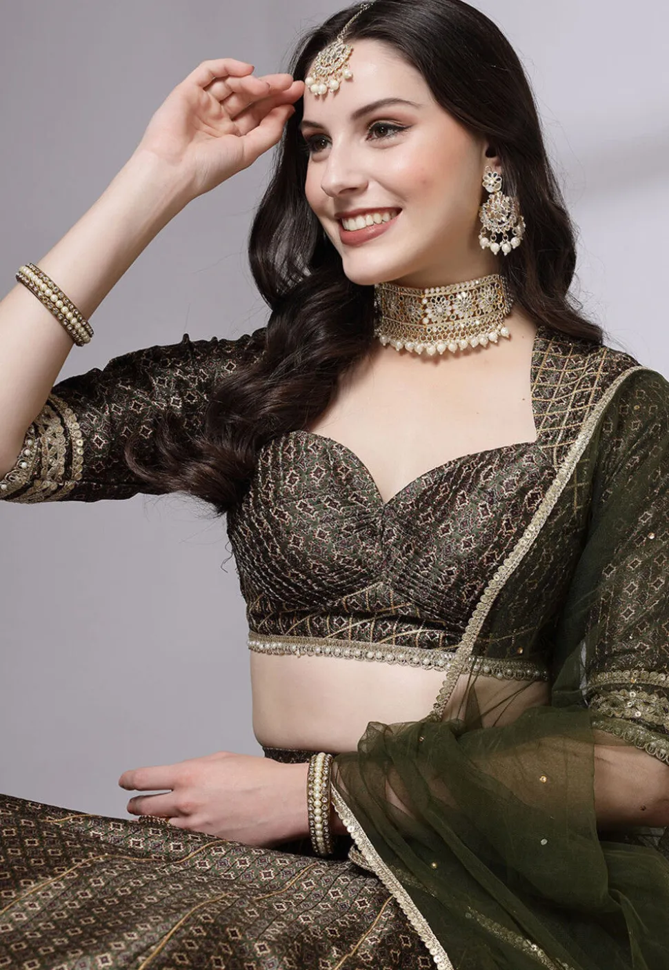 Digital Printed Art Silk Lehenga in Olive Green