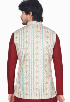 Digital Printed Art Silk Long Nehru Jacket in Cream