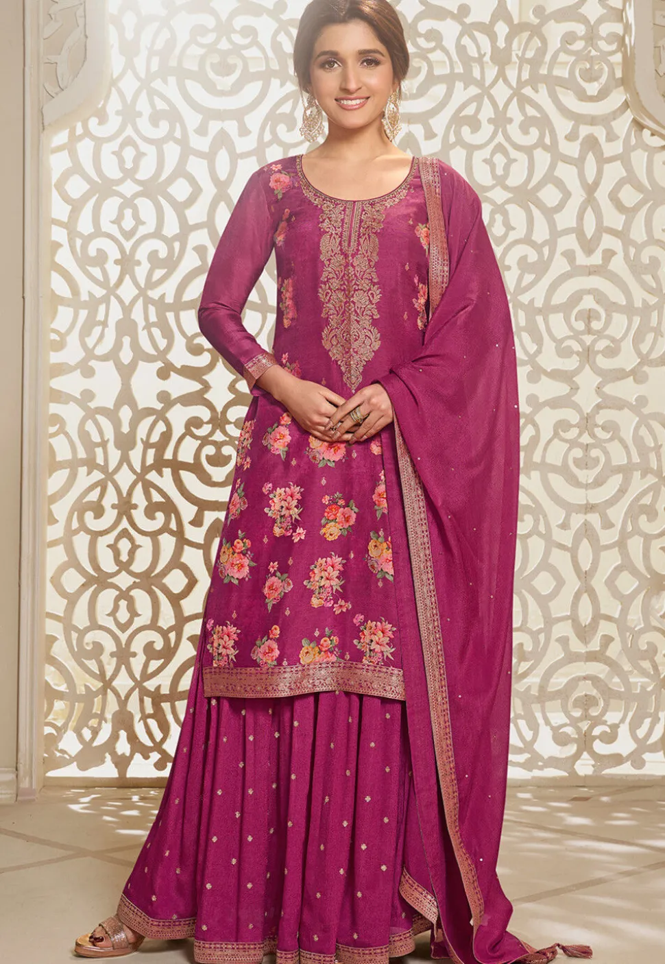 Digital Printed Art Silk Jacquard Pakistani Suit in Pink