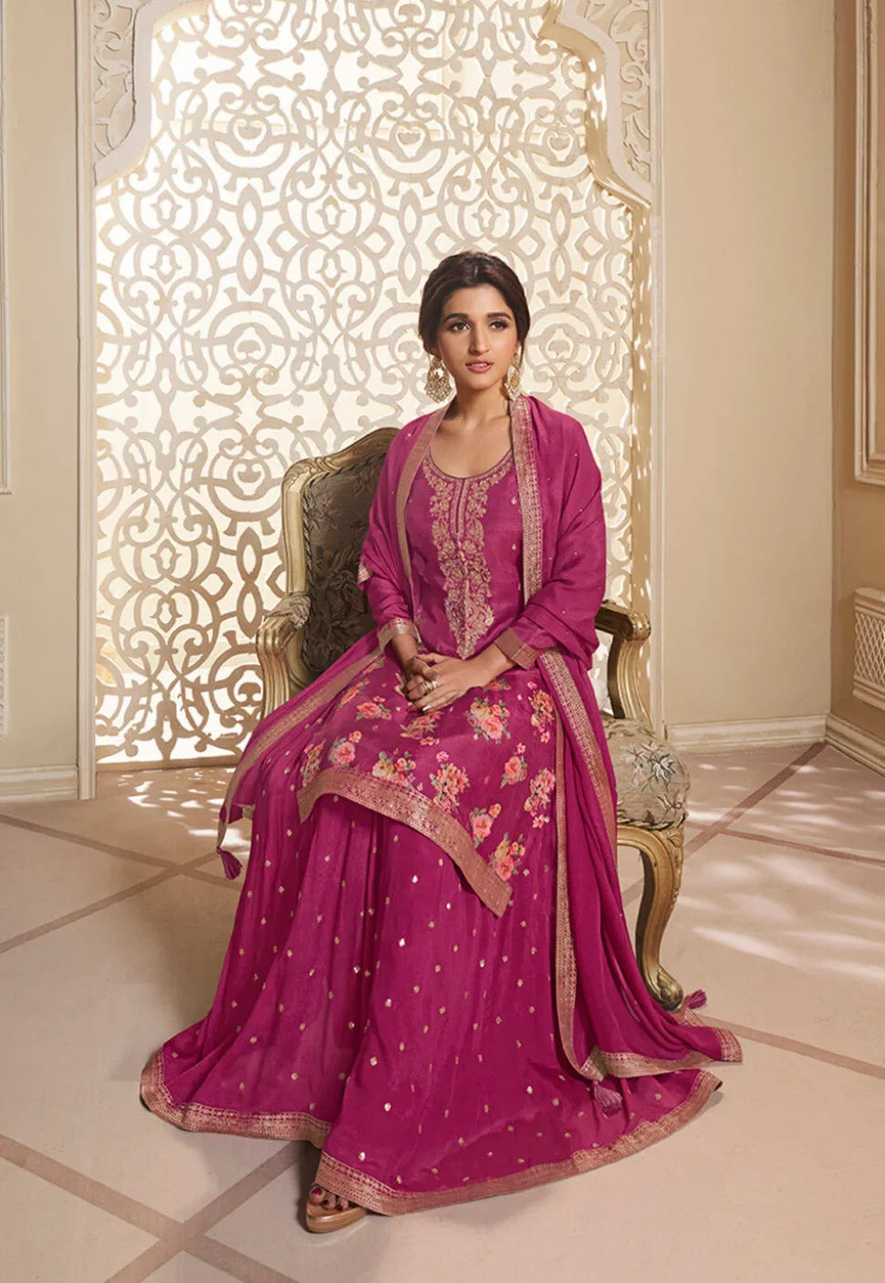 Digital Printed Art Silk Jacquard Pakistani Suit in Pink