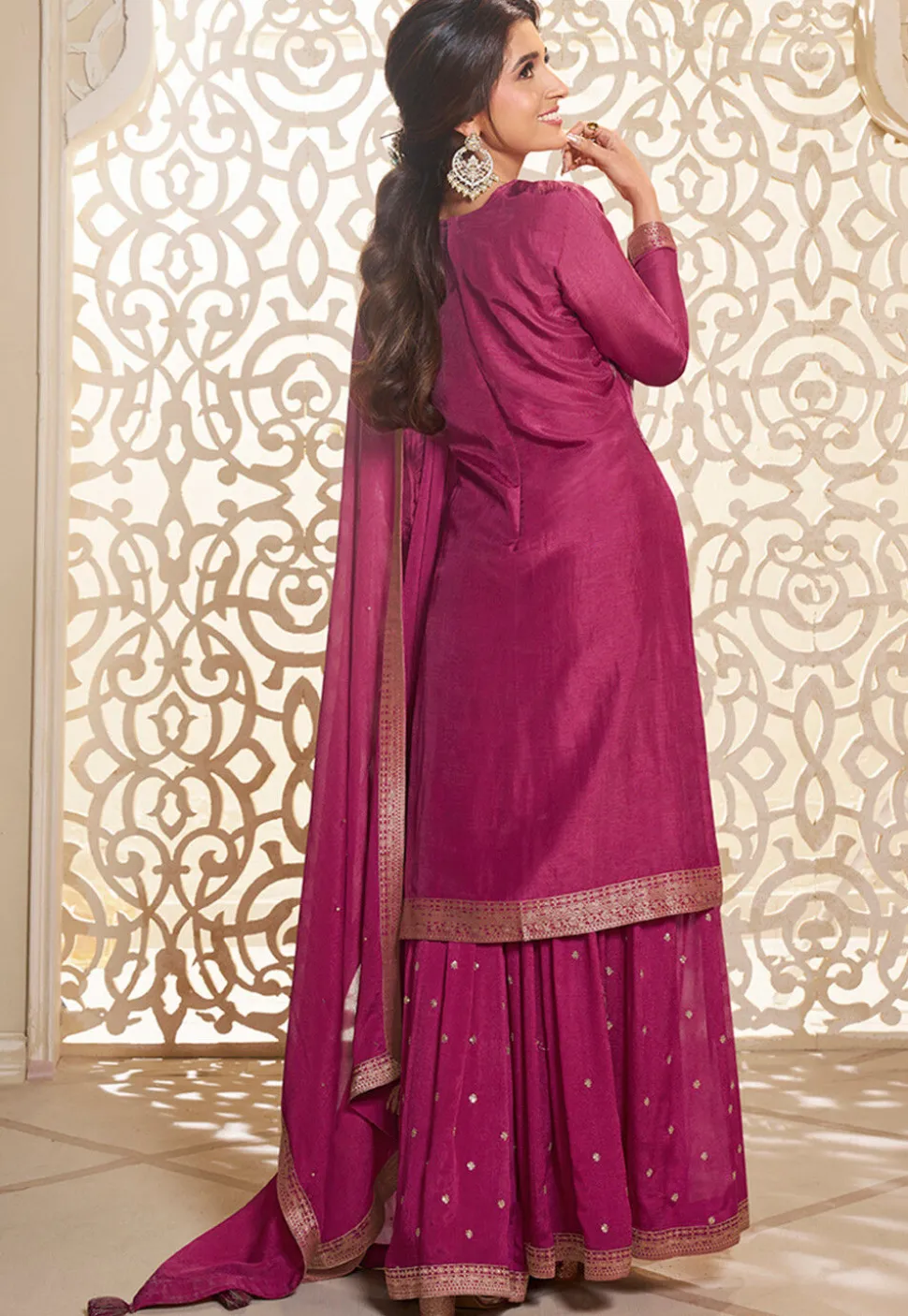 Digital Printed Art Silk Jacquard Pakistani Suit in Pink