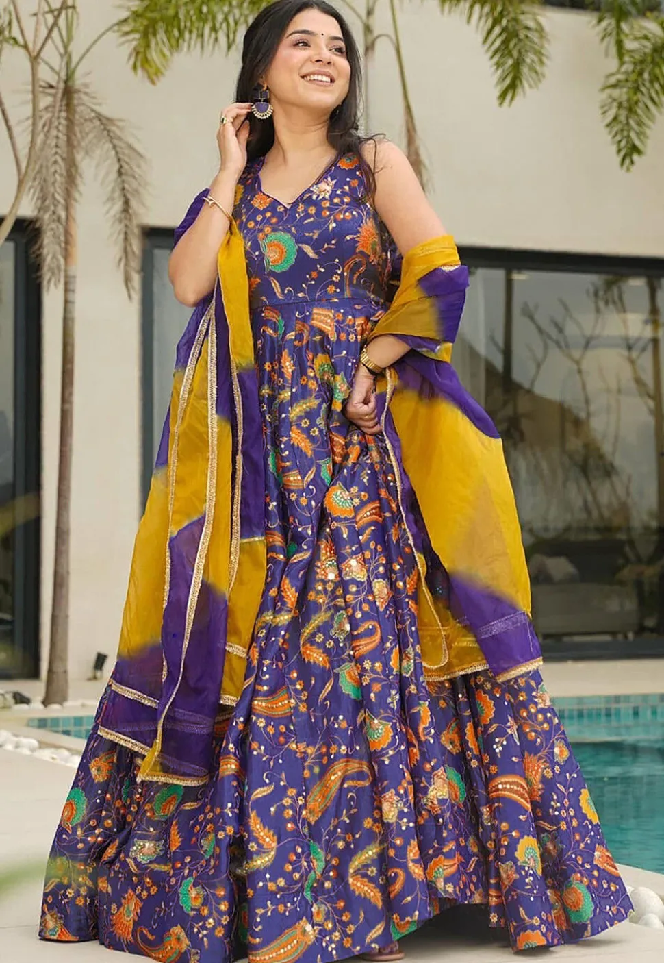 Digital Printed Art Silk Abaya Style Suit in Purple