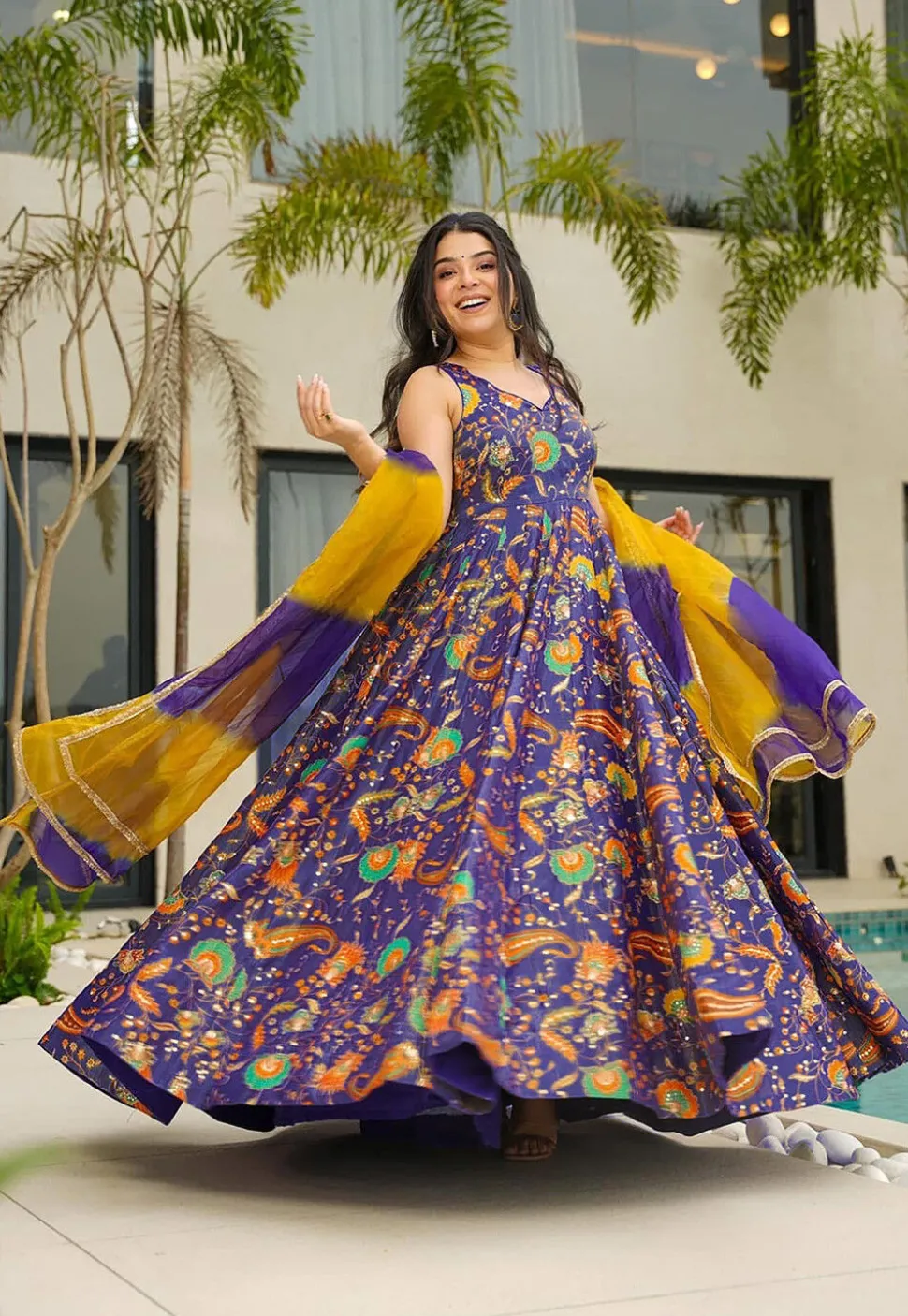 Digital Printed Art Silk Abaya Style Suit in Purple