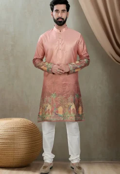 Digital Printed Art Silk Kurta Set in Peach